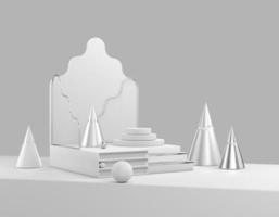 Producto de visualización de escena abstracta de representación 3d. escalones con espacio de copia doblado rizado, conos plateados brillantes y bolas de color blanco pastel, gris. plantilla de sitio web mínimamente limpia y ligera, aplicación. foto