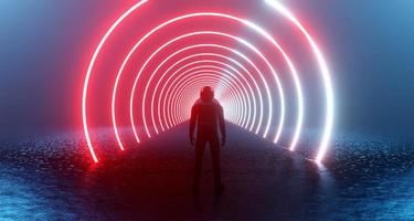 3D rendering a fantastic scene a lonely man in front of a neon red circles portal, teleport. An alien, mystical landscape, a luminous tunnel into the distance, a blazing corridor. photo