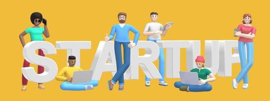 Group of young multiethnic successful people with laptop, tablet, phone and word startup on yellow background. Horizontal banner cartoon character and text website slogan. 3D rendering. photo