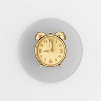 Golden vintage alarm clock icon. 3d rendering gray round key button, interface ui ux element. photo