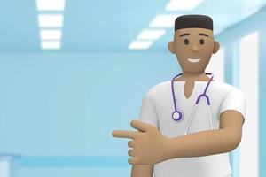 African man doctor in hospital medical interior with index finger on copy space. Cartoon person. 3D rendering. photo