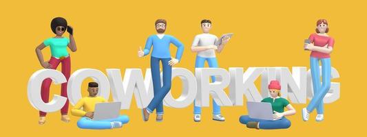 Group of young multiethnic successful people with laptop, tablet, phone and word coworking on yellow background. Horizontal banner cartoon character and text website slogan. 3D rendering. photo