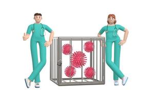 Young doctors defeated the virus and locked it in a cage. Atypical pneumonia molecule group funny and scary cartoon character. Stop disease, pandemic, coronavirus white background. 3D rendering photo