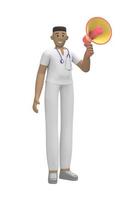Medical character A young africam man doctor says, shouts into a megaphone to the attention, danger. Cartoon person isolated on a white background. 3D rendering. photo