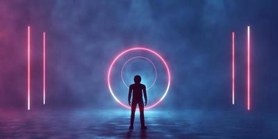 3D rendering virtual space, a lonely person in front of a glowing neon red circle portal, teleport and vertical lines in fog, smoke. Fantastic landscape, space tunnel, flaming corridor. photo