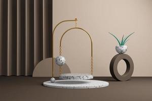 3d rendering abstract pedestal, marble platform in a golden arch from a chain in a stylish brown interior with a plant and a curtain. Premium product showcase, empty space modern design. photo