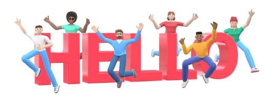 The word hello on a white background. Group of young multicultural happy people jump and dance together. Horizontal banner cartoon character and website slogan. 3D rendering. photo