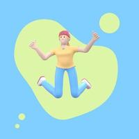 Positive character in colored clothes on an abstract stain background. Young cheerful hipster girl runs, dances, jumps, levitates and flies. Funny cartoon people. 3D rendering. photo