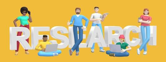 Group of young multiethnic successful people with laptop, tablet, phone and word research on yellow background. Horizontal banner cartoon character and text website slogan. 3D rendering. photo