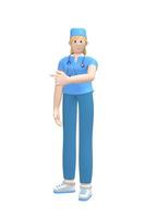 Medical character Young white female doctor in a blue suit points a finger to copy space. Cartoon person isolated on a white background. 3D rendering. photo