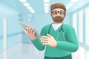 Man doctor in the medical interior of the hospital holds a tablet, notepad. Cartoon person. 3D rendering. photo