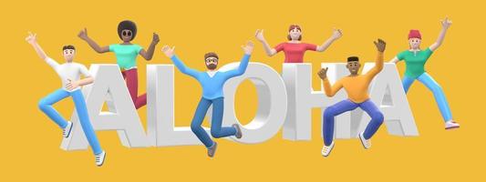 The word aloha on a yellow background. Group of young multicultural happy people jump and dance together. Horizontal banner cartoon character and website slogan. 3D rendering. photo