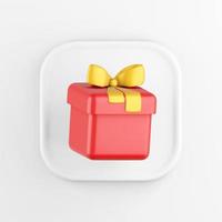 3D rendering square white button icon, red gift with yellow bow isolated on white background. photo