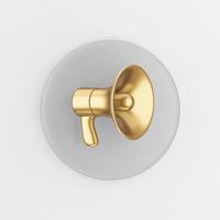 Golden megaphone icon in cartoon style. 3d rendering gray round button key, interface ui ux element. photo