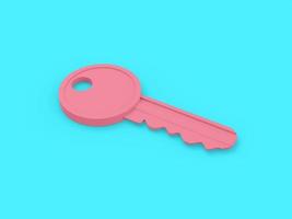 Pink single color key on a surface on a blue monochrome background. Minimalistic design object. 3d rendering icon ui ux interface element. photo