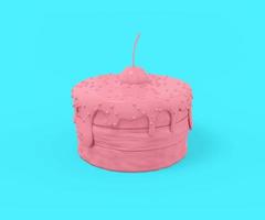 Pink little cake with a cherry on top on a light blue background. Minimalistic design object. 3d rendering. photo
