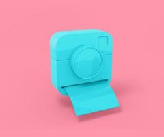 Blue camera with instant photos on a pink background. Minimalistic design object. 3d rendering icon ui ux interface element.