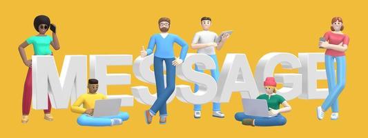 Word message on yellow background. Group of young multicultural successful people with laptop, tablet, phone. Horizontal banner cartoon character and website slogan. 3D rendering. photo