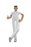 Medical character young african man doctor thumb up. Concept like, good, success. Cartoon person isolated on a white background. 3D rendering. photo