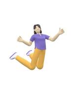 3D rendering character of an Asian girl jumping and dancing holding his hands up. Happy cartoon people, student, businessman. Positive illustration is isolated on a white background. photo