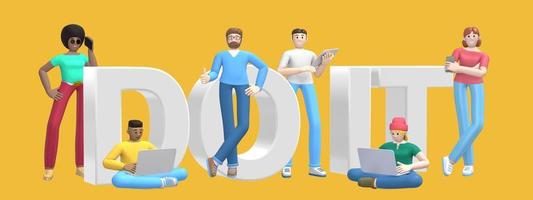 Group of young multiethnic successful people with laptop, tablet, phone and word do it on yellow background. Horizontal banner cartoon character and text website slogan. 3D rendering. photo