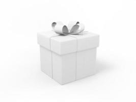 White one color gift box with ribbon and bow on a white flat background. Minimalistic design object. 3d rendering icon ui ux interface element. photo
