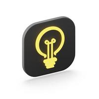 The icon is a stylized flat yellow light bulb, a black square button. 3D rendering. photo