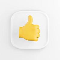 Representación 3D de un botón de icono cuadrado blanco, la palma de la mano amarilla con el pulgar hacia arriba aislado sobre fondo blanco. foto