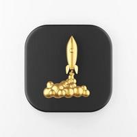 Golden space rocket launch icon. 3d rendering black square key button, interface ui ux element. photo