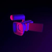 Neon digital video camera icon. 3d rendering ui ux interface element. Dark glowing symbol. photo