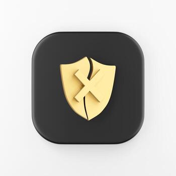 Golden broken shield icon. 3d rendering black square key button, interface ui ux element. photo