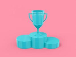 Blue one color winner cup on a pedestal on a pink flat background. Minimalistic design object. 3d rendering icon ui ux interface element. photo