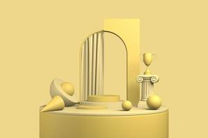 Abstract yellow product podium. Pastel light beige whiteboard presentation copy space, minimal geometric shapes. 3D rendering photo