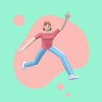 carácter positivo en ropa de color sobre un fondo abstracto de manchas. una joven alegre corre, baila, salta, levita y vuela. gente divertida de dibujos animados. representación 3d foto