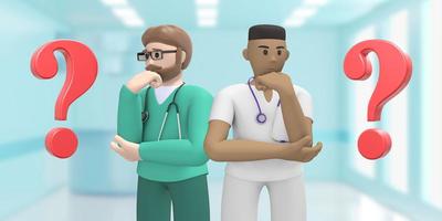 Multinational doctors white and african in the medical interior and question mark. Problem, task, trouble. Cartoon character on a blue background. 3D rendering. photo