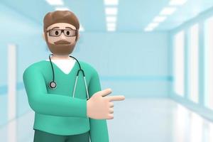 hombre médico en el interior médico del hospital con el dedo índice en el espacio de la copia. persona de dibujos animados representación 3d foto