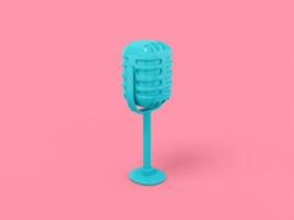 Blue one color vintage microphone on a pink flat background. Minimalistic design object. 3d rendering icon ui ux interface element. photo