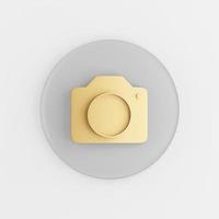 Gold photo camera icon in flat style. 3d rendering gray round key button, interface ui ux element.