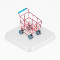 icono rojo del carrito de la compra sobre ruedas. Vista isométrica de la tecla del botón cuadrado de representación 3d, elemento ui ux de la interfaz. foto