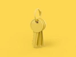 Yellow one color bunch of keys on a yellow flat background. Minimalistic design object. 3d rendering icon ui ux interface element. photo