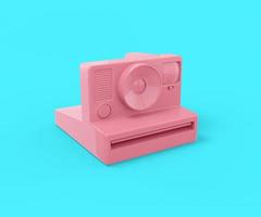 Pink vintage camera for instant photos on a blue background. Minimalistic design object. 3d rendering icon ui ux interface element.