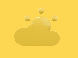 Yellow single color cartoon sun behind cloud front view on yellow monochrome background. Minimalistic design object. 3d rendering icon ui ux interface element. photo