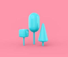 Blue trees of different geometric shapes cube, oval, cone on a pink background. Minimalistic design object. 3d rendering. photo