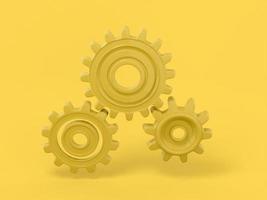 Yellow single color gears on a yellow monochrome background. Minimalistic design object. 3d rendering icon ui ux interface element. photo