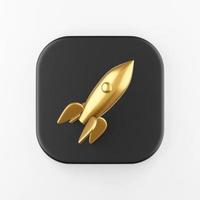 Golden rocket icon. 3d rendering black square key button, interface ui ux element. photo