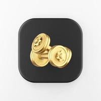 icono de pesas de oro. Tecla de botón cuadrado negro de representación 3d, elemento ui ux de interfaz. foto