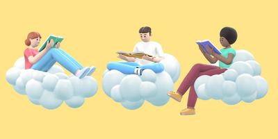 Three fans of literature young multicultural guy and girls in the sky on a cloud reading books. Funny, abstract cartoon people on a yellow background. 3D rendering.