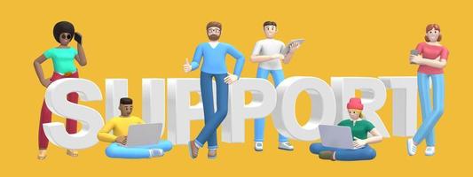 Group of young multiethnic successful people with laptop, tablet, phone and word support on yellow background. Horizontal banner cartoon character and text website slogan. 3D rendering. photo