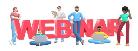 Word webinar on white background. Group of young multicultural successful people with laptop, tablet, phone. Horizontal banner cartoon character and website slogan. 3D rendering. photo