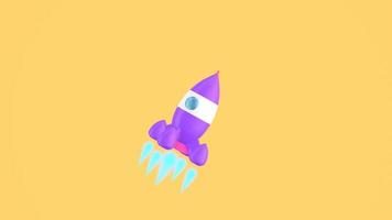 3D rendering of a vintage toy rocket flying spinning in a circular path on a yellow background. Space travel bright cartoon style. photo